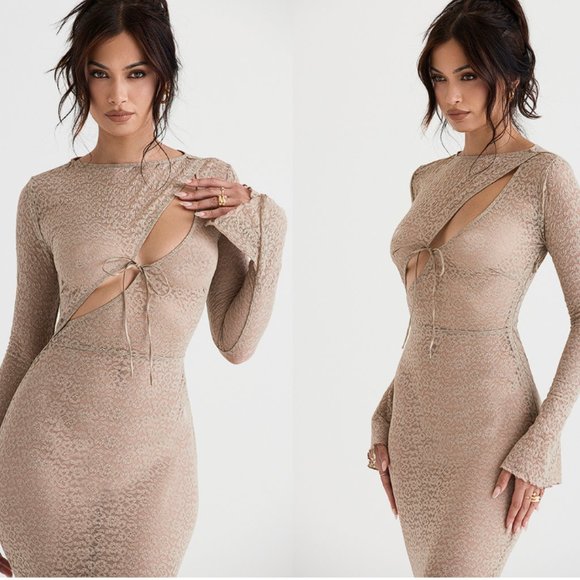 House of CB 'Giovanna' Stone Floral Lace Maxi Dress NWT - Picture 4 of 11